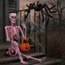 Tellingyou 3 Pcs 5.4ft Halloween Skeleton Decor Giant with 3 ft Big Spider and Pumpkin Face Candy Tote Bag, Full Size Pink Skeleton with Movable Joints for Pink Halloween Decoration Haunted House Prop