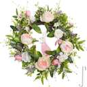 Spring Door Wreath for Front Door with Hook 20-22, Artificial Spring Door Wreath with White & Pink Peony Lavender Rabbit Wood Sign, Summer Wreaths for Windows Wall Romantic Home Dco