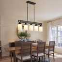 Farmhouse Dining Room Light Fixture, 5-Light Wood Kitchen Island Lighting for Dining Room Over Table, Black Adjustable Pendant Light with Milk Glass Shades, Linear Chandeliers Lighting for Kitchen