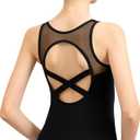 Girls Dance Leotard Camisole Mesh Dancewear,Pinch V-Front,Mesh Straps Splicing,Full Front Lining (7-8 Years, Black)