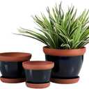 Yishang Glazed Terracotta Pots with Saucers, Set of 3, 5", 6", and 7" Sizes, Ceramic Clay Planter Pots with Drainage Holes - Black