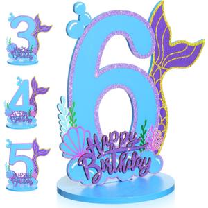 Mermaid Birthday Number Sign Centerpiece for Girls Wooden Mermaid Party Number Table Sign Decoration Supplies for Birthday Anniversary(Number 6)