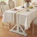 Colorigan Table Cloth, Cotton Linen Tablecloths Heavy Duty Wrinkle Free Table Cover with Tassels for Farmhouse Kitchen Dining Tables, Brown Lines,8-10 Seats