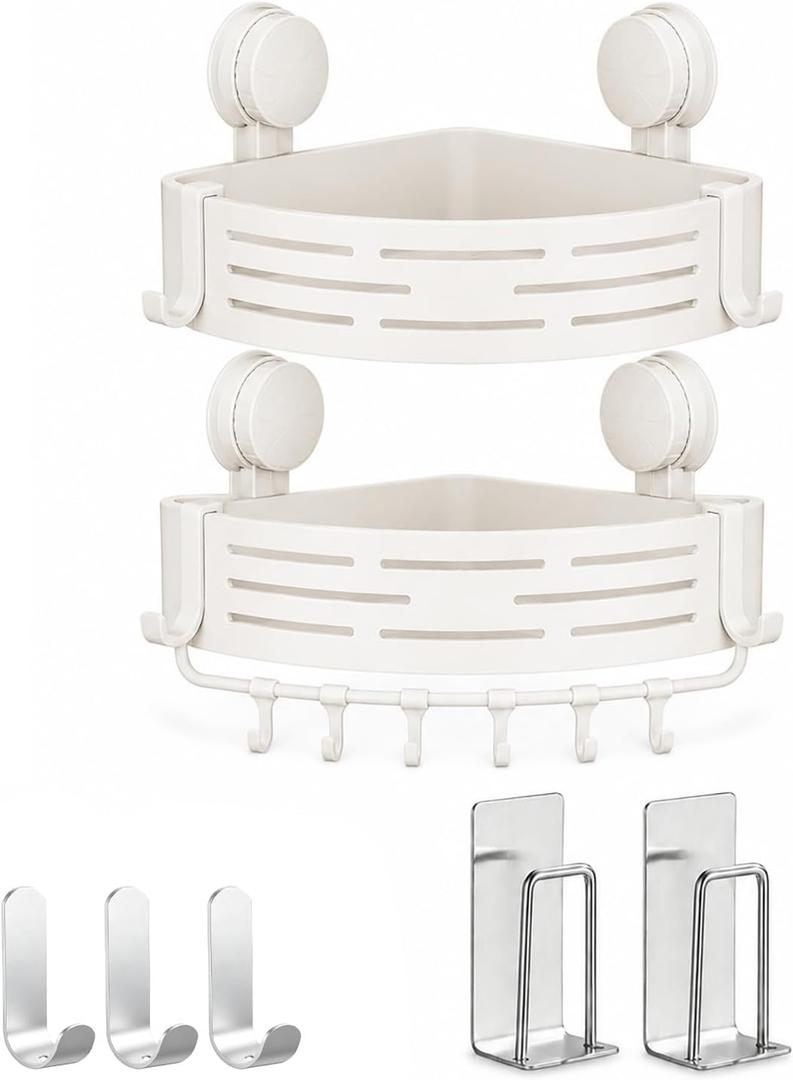 Double Layer Shower Corner Caddy, White Suction Cup Organizer, No-Drill