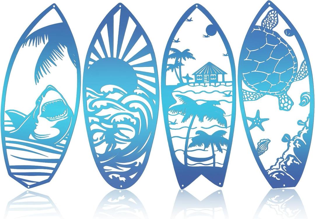 4Pcs Metal Surf Board Wall Decor Summer Surfboard Beach Signs Shark Palm Tree Wall Art Tropical Wall Decor Hanging Coastal Wall Decor Sea Turtle Wall Decoration for Wall Door (Blue)