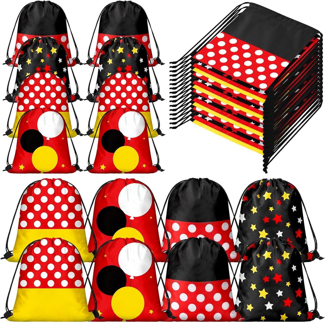 Aliceset 24 Pcs Cartoon Mouse Drawstring Bags Cartoon Birthday Party Favor Gift Goodie Treat Candy Bags Present Double Sided Gift Bag for Mice Birthday Baby Shower, 9.8 x 9.8 Inch(Black Red)