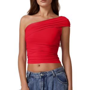 QINSEN Women's One Shoulder Sleeveless T-Shirt (Red)
