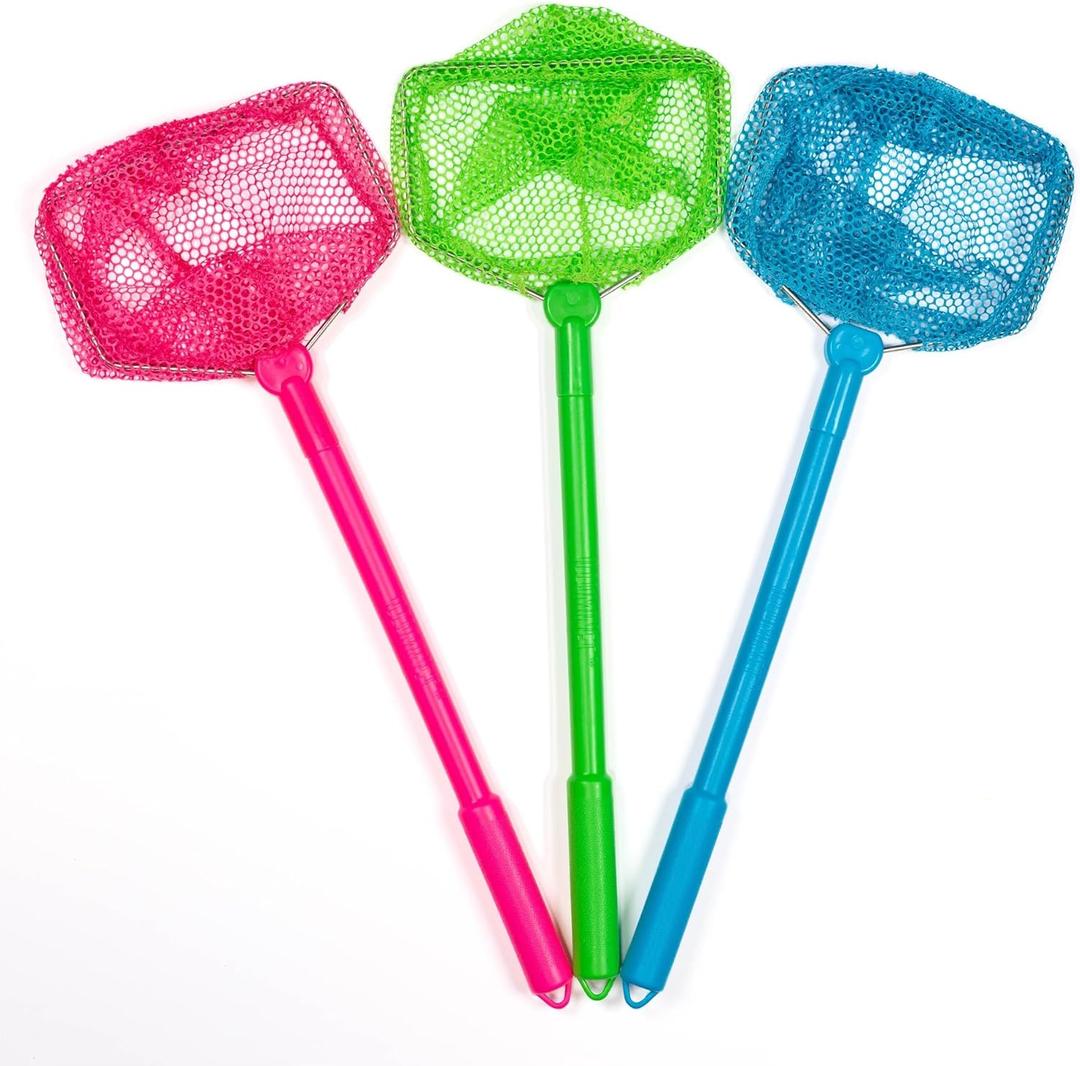 3 Pack Floating Beach Nets - No Assembly Required Kids Beach Net - Beach Toys for Kids - Kid Fishing Nets - Butterfly, Shelling, Crab & Critters Net - Pink, Green & Blue, Small