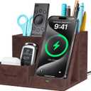 Wireless Charger with Desk Organizer, Pen Pencil Holder, Multifunctional Desktop Organizer, Office Supplies and Desk Accessories Organizer with 3 Compartments and 1 Phone Stand, Dark Brown