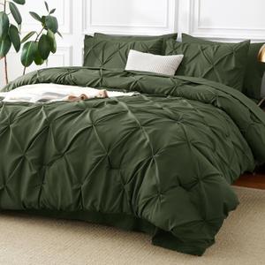 CozyLux Queen Comforter Set Olive Green, 7 Pieces Pintuck Bed in A Bag, Premium Green Comforter Queen Size, Pinch Pleat Bedding Sets with Comforter, Sheets, Pillowcases & Shams
