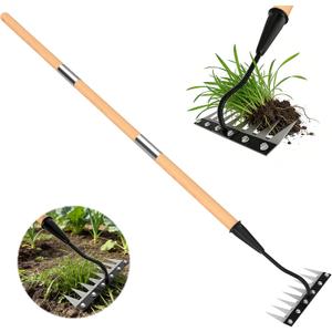 Iron Weeding Rake with Wooden Long Handle 2.0, 8 Teeth Weed Puller Tool Heavy Duty, Manual Gardenia Weed Rake Tool for Yard, Lawn and Garden, 56Inch