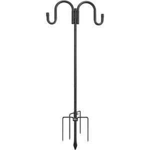 Black Double Shepherds Hook - 52 Inch Adjustable Bird Feeder Pole with 5 Prongs Base - Heavy Duty Rustproof Shepards Hooks for Outdoor Hummingbird Feeder Stand, Solar Lights, Lanterns, Flower Basket