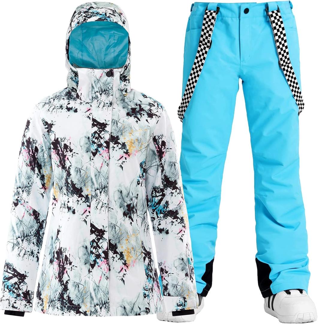 GSOU SNOW Women's Ski Jacket and Pants Waterproof Windproof Snowsuit Snowboarding Coat Insulated Warm Winter (Large, White Blue)