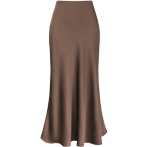 ebossy Women's Elegant Long Satin Skirt Silk Dressy Hidden Elastic Waist Flared A-Line Maxi Skirts Size XXL (Coffee)