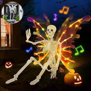 RGJ 36" Skeleton Halloween Decorations with Light up Fairy Wing, 3 FT Halloween Poseable Skeleton Life Size, Hanging Skeleton Decoration for Outdoor/ Indoor/ Porch/ Yard