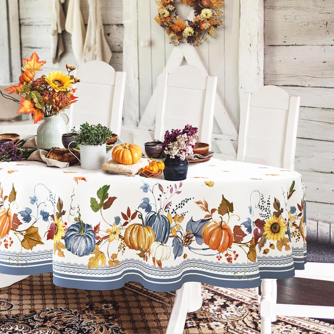 Oval Fall Tablecloth,Thanksgiving Autumn Harvest Blue Pumpkin Sunflower Maple Leaf Table cloth,Polyester Waterproof Wrinkle Resistant Durable Tablecloth for Fall,Thanksgiving,Home Decor 60x84inch