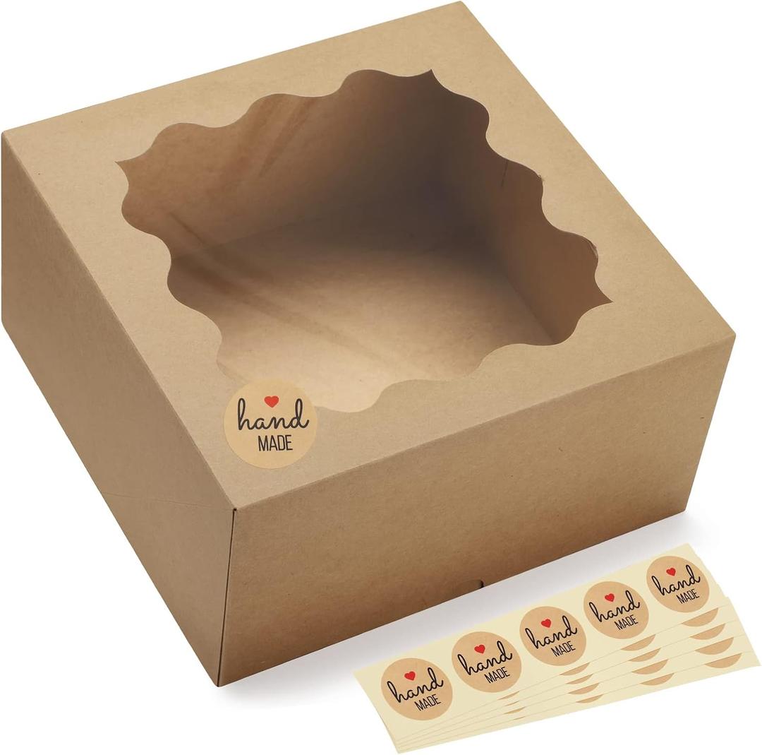 Eupako Auto-popup 10x10x5 Cake Boxes with Window, 24pcs Quick Fold Brown Bakery Boxes, Easy Assemble Gift Box for Pies, Cookies, Pastries, Chocolates, Party, Wedding