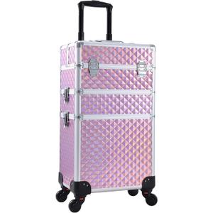 Adazzo 3 in 1 Professional Rolling Makeup Train Case Aluminum Trolley Case with 360° Rotation Wheels for Makuep Artist Cosmetic Suitcase Organizer with Lock and Key Diamond Pattern - Pink
