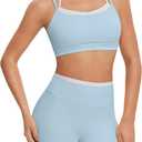 OMKAGI Workout Sets for Women Cute Doubel Layer Open Back Sports Bras Gym Shorts Outfits (Medium, Baby Blue)
