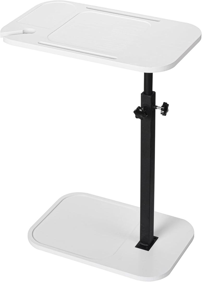 DAVIDOK C-Shaped Sofa End Table, Adjustable Height Couch Side Table with Device Slot, White Color with Black Metal Stand, Couch Table for Living Room, Bedroom