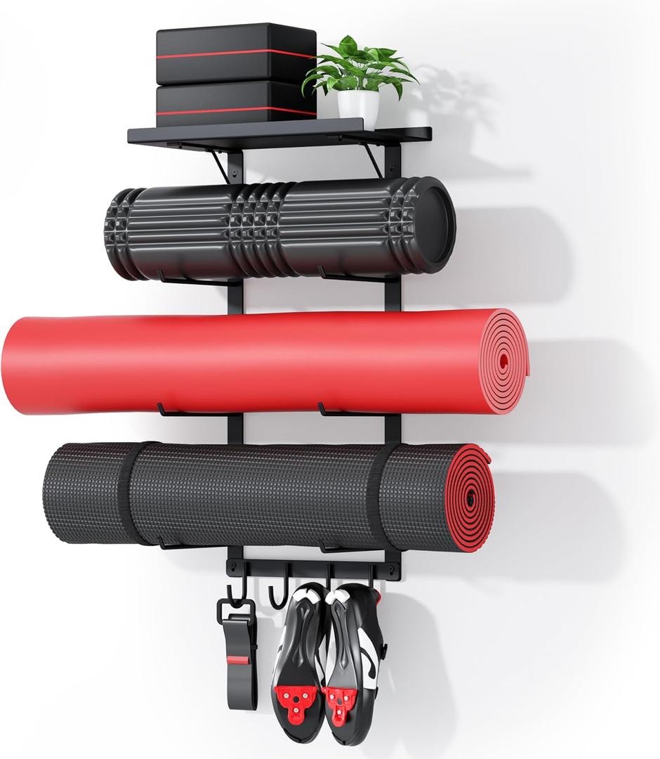Yoga Mat Holder Wall Mount, Yoga Accessory Mat Storage Rack, Home Gym Accessories Organizer, Floating Shelf and Hooks for Hanging Foam Roller/Band/Workout Equipment at Pilates Fitness Class
