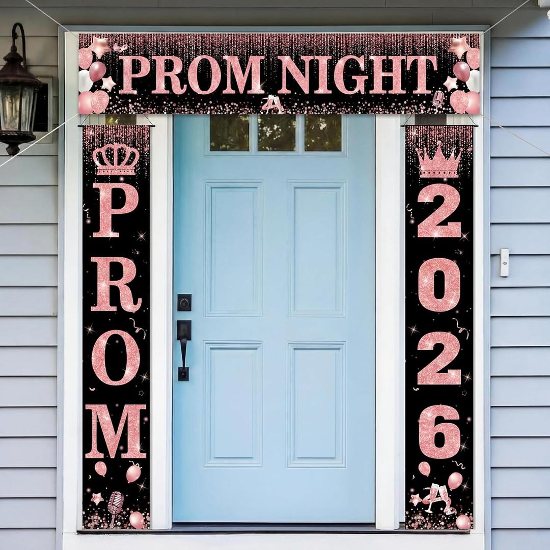 SmoothNovelty 3 Pcs Prom Night Decorations 2026 Graduation Party Supplies Pink Glitter Prom Send off Banner Porch Sign Backdrop for Photoshoot 2026 High School College Graduation Celebrations