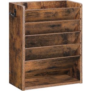Wall File Organizer, 6-Tier Vertical Mount Hanging Holder with 2 Side Hooks, Vintage Wooden Magazine Storage Crate with Bottom Flat Tray, Desk Organizer, for Office, Home, Rustic Brown MWJ01FG