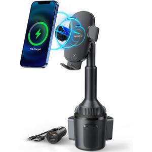 APPS2Car Car Cup Phone Holder Wireless Charger with QC 3.0 Adapter, 15 Watt Qi Fast Charging, Compatible with iPhone 11/12/13/14/15/16/17/ Air/Pro/Max/Plus and Universal All Models Phone Holder