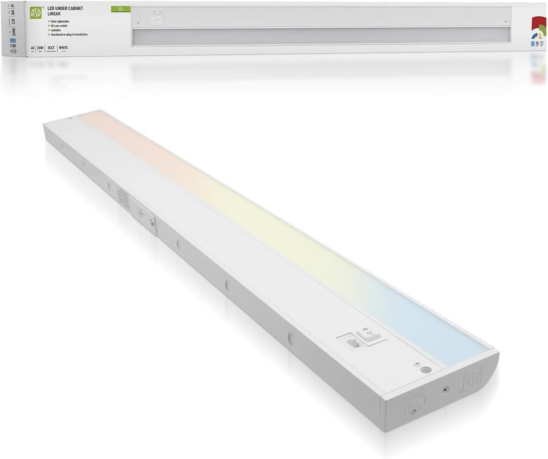 ASD LED Under Cabinet Lighting Plug in or Hardwired 40 Inch, Dimmable Under Cabinet Lights with High/Low/Off Switch, 3CCT 2700K-4000K, Linkable Under Counter Lights for Kitchen, ETL Listed, White, 1 Pack