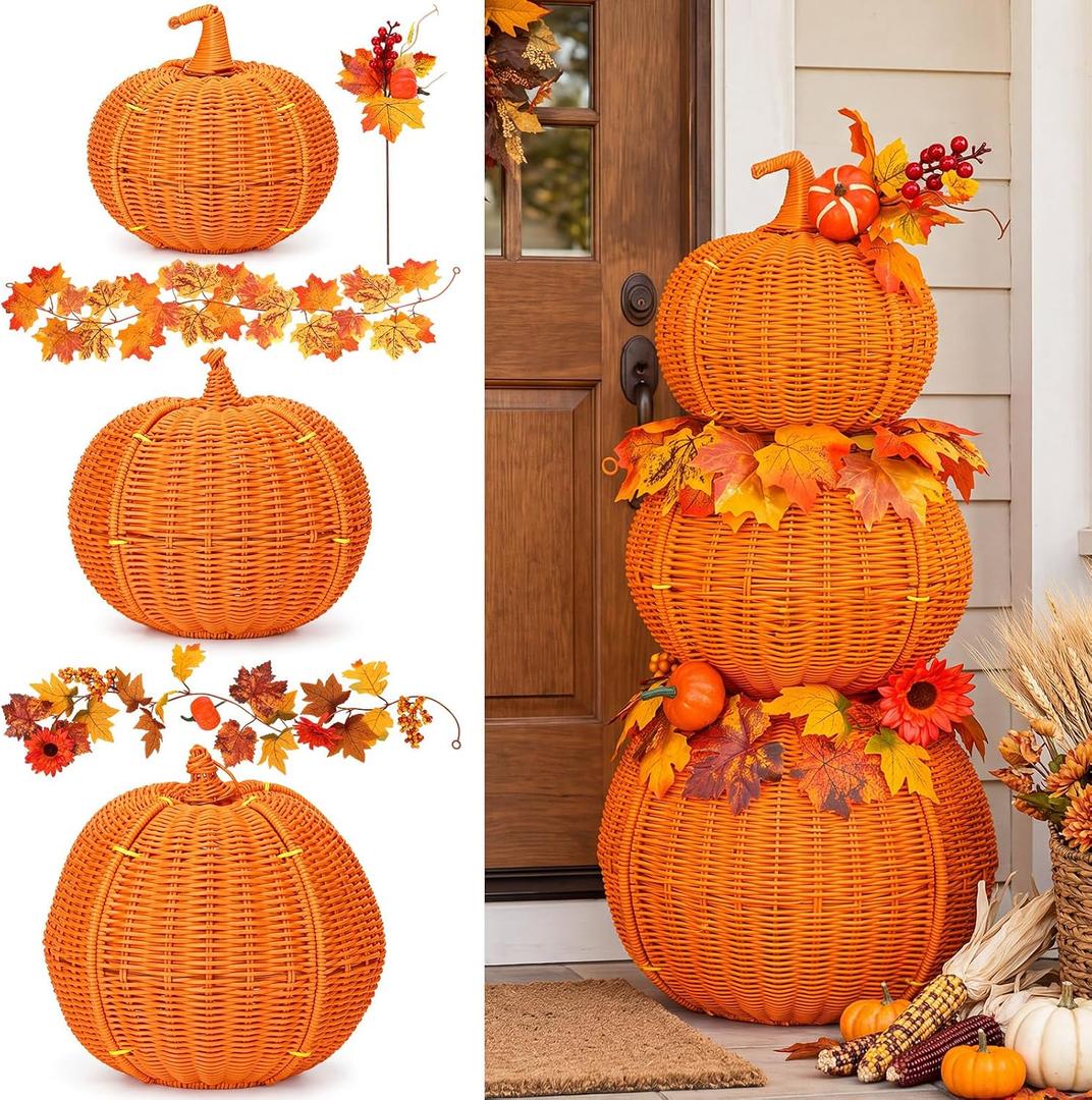 24'' Large Stackable Pumpkins Wicker Pumpkin with LED Lights for Porch