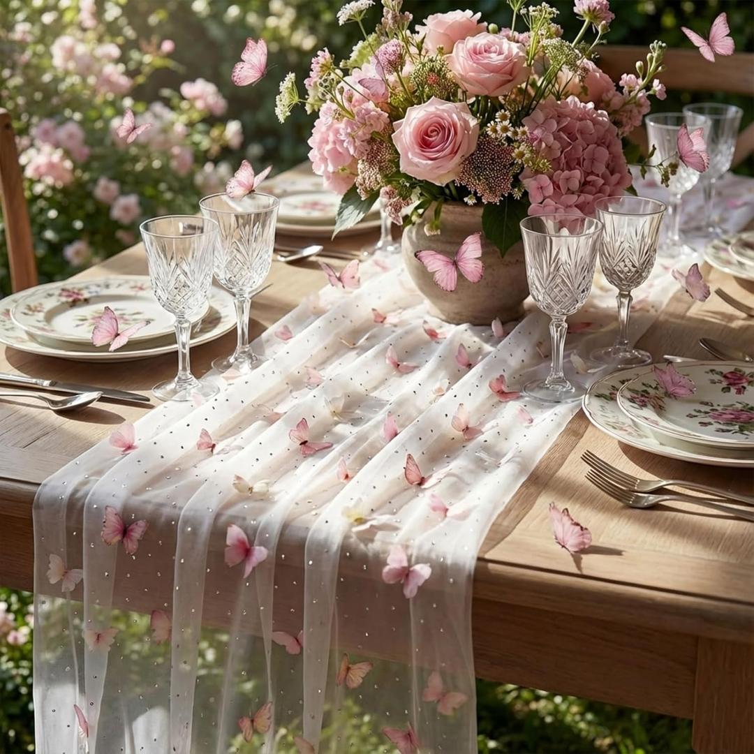 Remagr 9.8 ft Butterfly Table Runner Embroidery Seasonal Table Decorations Tulle Fabric for Home Indoor Decor, Bridal Shower Wedding, Baby Shower Parties, Holiday DIY Craft Kitchen Decor (White)