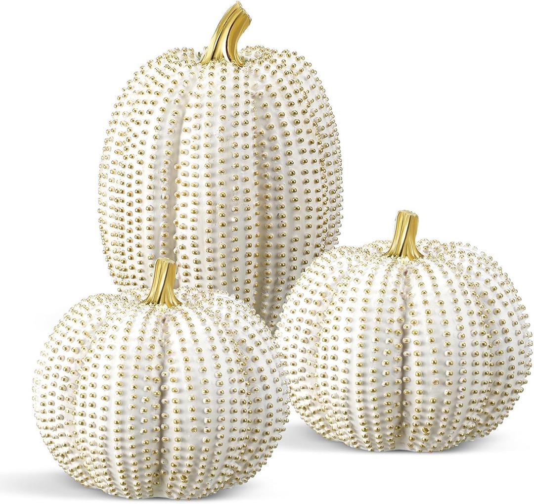 3 Pcs Thanksgiving Resin Pumpkin Figurine - Golden and White Statue Fall Table Centerpiece for Autumn Harvest Farmhouse Home Fireplace Decor, 2 Sizes