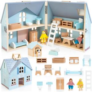 WOODMAM Foldable Wooden Dollhouse with 2 Dolls & Pet Set, 20PCS Furniture Wooden Doll House for Girls Age 3-6, Portable Pretend Play Toy, Christmas Birthday Gift for Toddlers