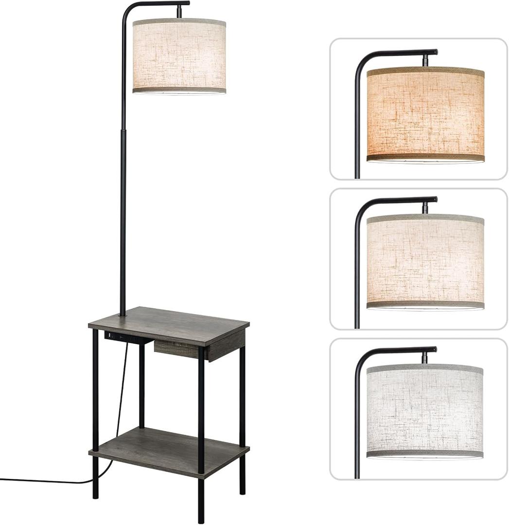 EOEYYOYB Floor Lamp with Table & Drawers, End Table Lamp with USB Charging Portt Power Outlet and Shelves, Side Table Reading Light with 3 Color Temperature Led Bulb Included for Living Room, Gray