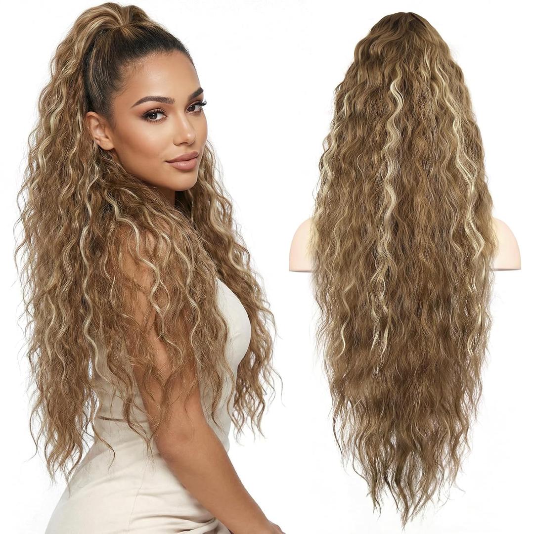 30 Inch Ponytail Extension, Layered Ponytail Extensions for Women, Soft Wavy Claw Clip in Ponytail Extension, Natural Synthetic Hair Pieces for Women (Dark Blonde with Beige Blonde Highlights)