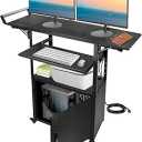 Large Mobile AV Cart with Locking Cabinet and Drop Leaves, Height Adjustable Steel AV Cart with Wheels and Power, Rolling Computer Cart with Pullout Keyboard Tray for Office, Warehouse&Classroom