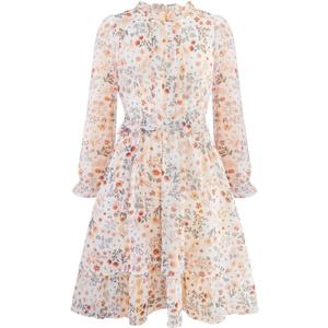 Girls Fall Long Sleeve Dress Floral Ruffle Flower Girl Formal Party Holiday Midi Dresses with Belt 5-14 Years (7-8 Years)