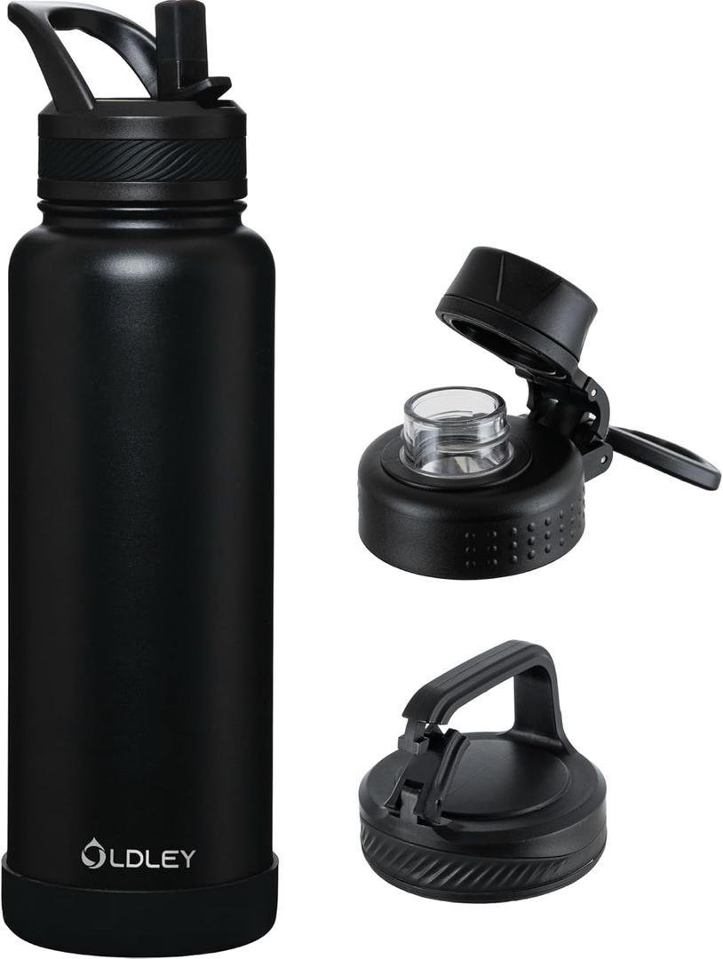 OLDLEY 40 oz Insulated Water Bottle With Straw, Stainless Steel Sports Water Cup Flask with 3 Lids(Straw, Spout and Handle Lid) Double Walled Travel Thermal Canteen Mug, Black