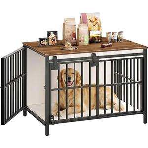 Hzuaneri 27.2" Dog Crate Furniture with Barn Door, Heavy Duty Dog Kennel Indoor with 2 Doors, Wooden Pet Cage End Table for Small Medium Dogs up to 22 Ib, Anti-Chew Anti-Escape, White Brown DFC84314B