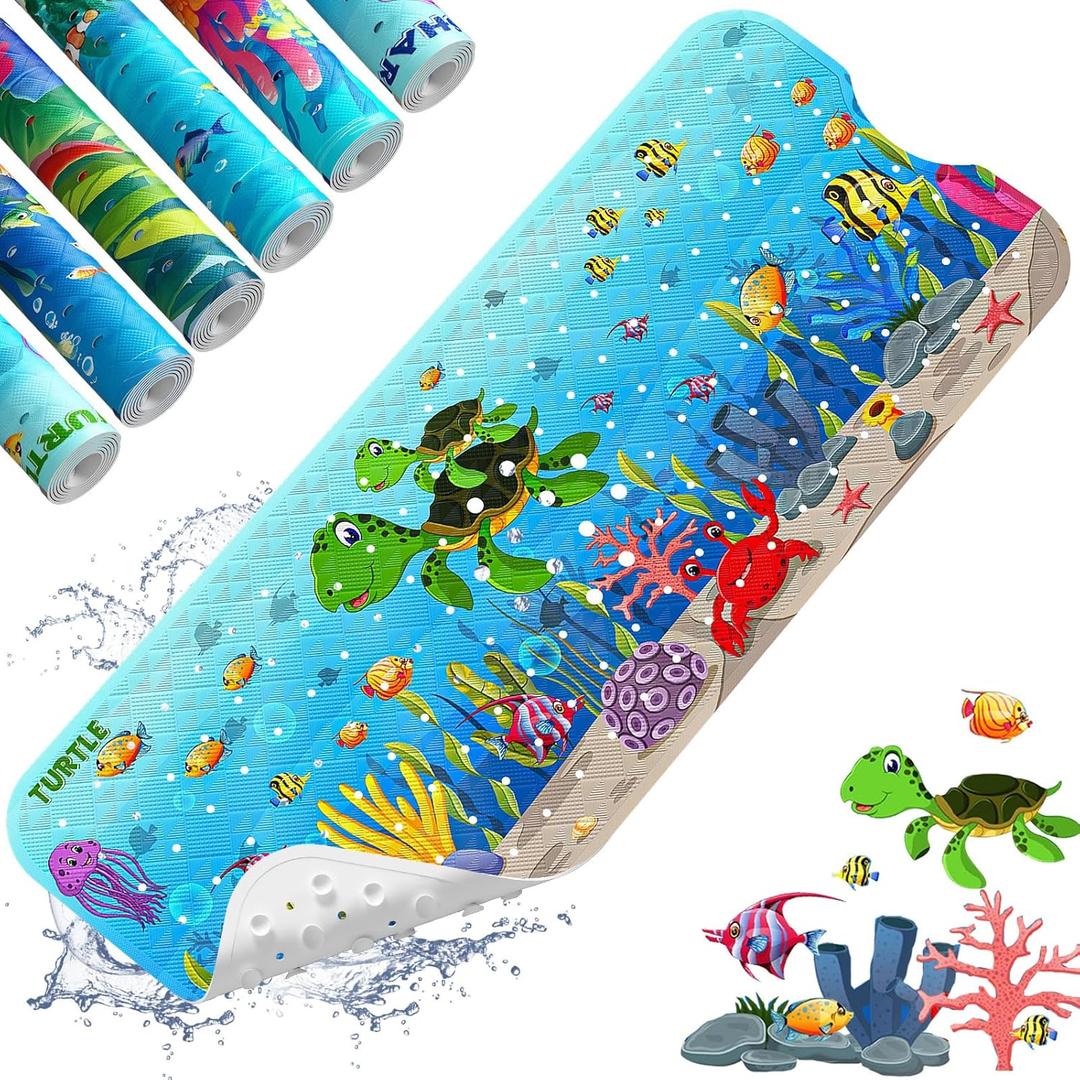 XIYUNTE Baby Bath Mat for Tub Non Slip Kids Bath Mat - 40''x16'' Extra Long Cartoon Bathtub Mat Non Slip Kids Shower Mat Eco-Friendly Toddler Bath Mats with Suction Cups, Machine Washable, Sea Turtle