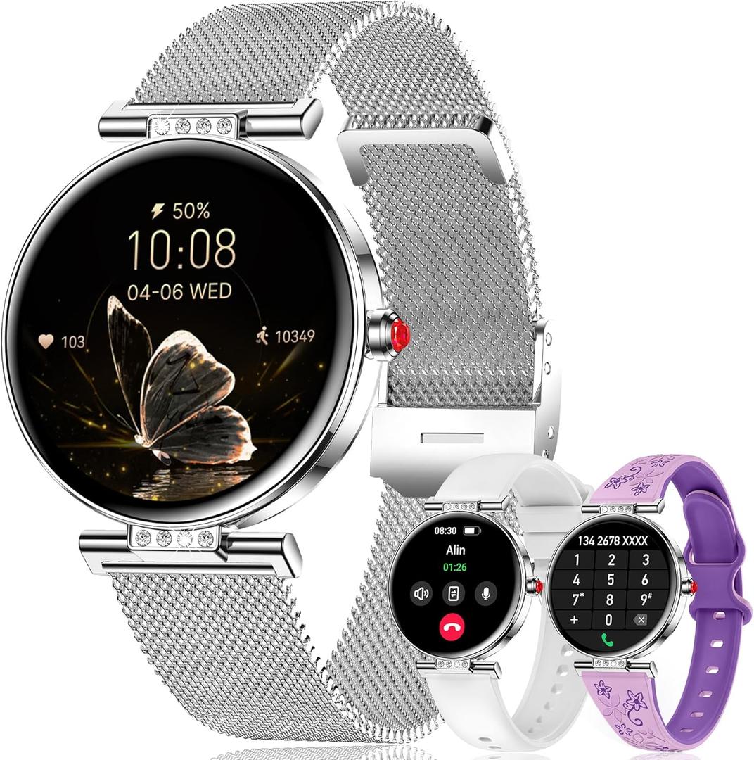 Smart Watch for Women, 1.19" AMOLED Touchscreen Fitness WatchCalls/Notifications3 Straps, 24H Heart Rate/Sleep Monitor/Female Cycle, 120+ Sports Modes, IP68 Waterproof Smartwatch for Android iPhone
