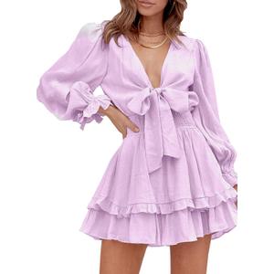 AlvaQ Womens Dresses Spring Summer Knot Front V Neck Ruffles Long Sleeve Floral Print Swing Mini Dress (Medium, Pink)
