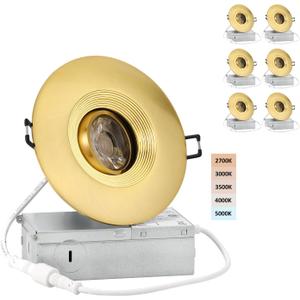 POPANU Premium 4-inch LED Recessed Lights - 5 CCT 4 Inch Eyeball Ceilling Gimbal Potlight, Dimmable Recessed Lights Fixture with Junction Box, 8W CCT Adjustable, Shiny Gold, with Baffle, 6P