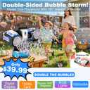 Rechargeable Bubble Machine with RGB Lights: 30,000 Bubbles Storm, Auto 360 Rotation & Remote Control - with Bubble Refill Solution & Power Display for Romantic Weddings, Kids' Parties, Outdoor Fun