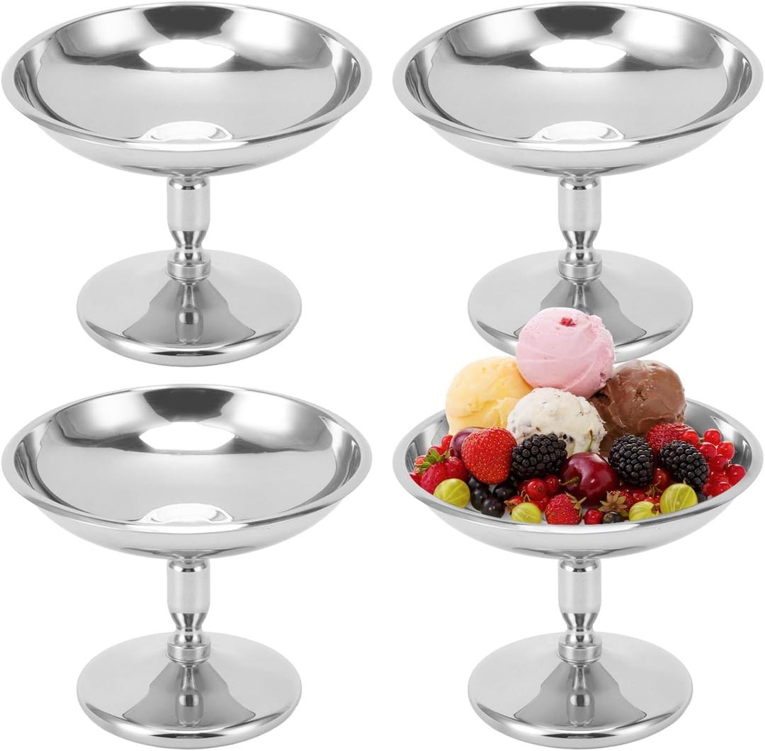 4Pcs Ice Cream Cup, 100ml Vintage Stainless Steel Serving Dessert Bowls Cups Sauce Bowls Mini Round Footed Yogurt Snack Candy Cups for Salad Fruit Pudding, 2.8in
