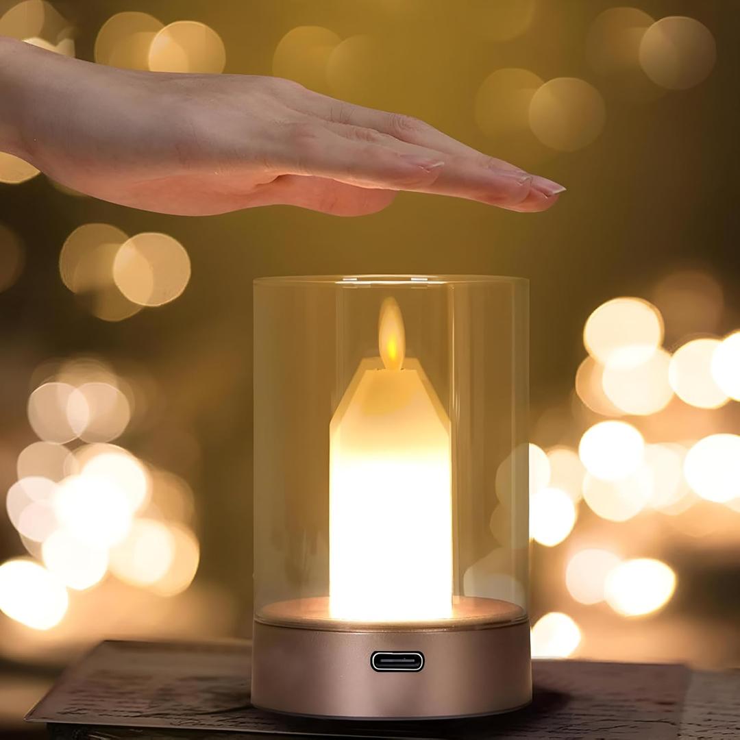 Candle Cordless Lamp,Gesture Sensor Control Night Light Lamp with Glass Flameless Candle Dimmable Outdoor Table Candle Lantern, Rechargeable Warm Decorative Light Lamp for Bedroom Restaurant Cafe