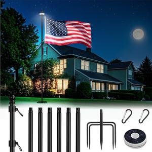 FIASON 9 FT Tangle Free Flag Pole in Ground with Solar Light & 5 Prongs Base, Thickened Heavy Duty Flag Pole Holder, Flagpole Kit for Residential or Commercial (1 Pack, Black, Without Flag)