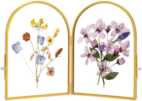 REDHUGO Double Glass Frame for Pressed Flowers Handmade, Pressed Flower Frame, Hinged Tabletop Brass Photo Frames, Dried Flower Display Folding Picture Frame for Home, ArcShaped, Gold, 4×6 Inches