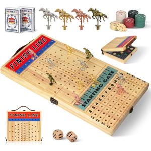 21 Inches Horse Racing Game, Horse Race Board Games with 11 Luxury Metal Horses,Thickened Wood Chessboard,Chips,Cards and Dice, Classic Wooden Table Top Board Games for Adults and Family
