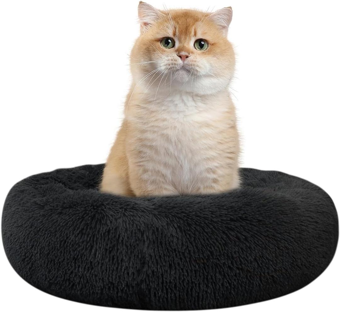 Cat Beds for Indoor Cats, 15.7 Inch Small Cats Beds, Washable-Round Pet Bed for Puppy and Kitten with Slip-Resistant Bottom (Black)